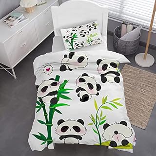 MUSOLEI Panda Kids Bedding Set Girls Animal Duvet Cover Set Single Lovely Green bamboo Panda Quilt Cover Soft Zipper with Pillowcase Single 135 * 200