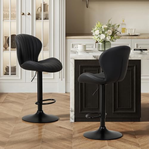 Image of COLAMY Bar Stools Set of 2,Swivel Adjustable Height Leather Bar Chair,Black
