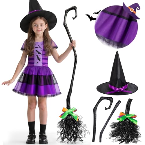 PEADUCK Kids Witch Costume for Girls Toddler Witch Costume with Hat and Broom Halloween Costumes Dress Up Role Play Set Halloween Party Costumes for Girls 3-12