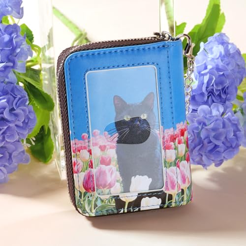Image of FurArt Zipper Wallet Women, RFID Blocking Credit Card Wallet, Business Card Holder, Compact Size KeyChain Wallet, Tulips and Cat, small