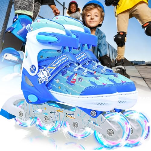 Patines 4 Ruedas Niña, 4 con Ruedas Iluminadas, Patines Niña Doble Fila, 4 Tamaños Ajustables, para Principiantes, Ajustables, para Uso en Interiores y Exteriores (Blue, s/Small)