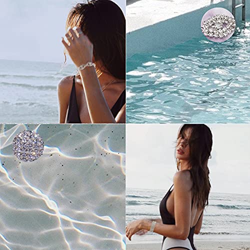 4 PCS Rhinestone Stretch Bracelets for Women Bling Bikini Competition Jewelry Silver Bridal Sparkly Wedding Strand Tennis Bracelet Set 6