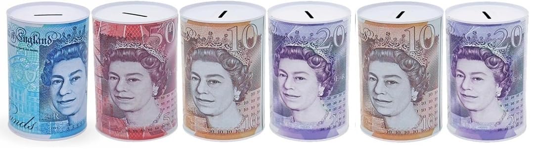 6 x Tin MONEY BOX ® - STERLING MONEY BOX TIN PIGGY BAK, MONEY TIN,SAVINGS,CHRISTMAS FUND, STERLING MONEY POT TINPLATE SAVING MONE BOX, 15 x 10 x 10 cm - PACK OF 6