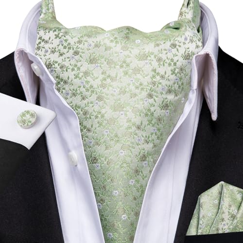 Image of Hi-Tie Silk Ascot for Men Self Tie Men's Cravat and Flower Lapel Pin Handkerchief Cufflinks Set for Wedding Party