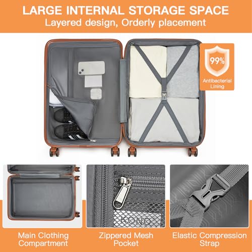 Image of Kono 24 Inch Expandable Checked Luggage Medium Size Suitcase for Travel | Lightweight PC+ABS hardshell suitcase with spinner wheels, TSA lock medium luggage for 4-7 day travel, Black & Brown