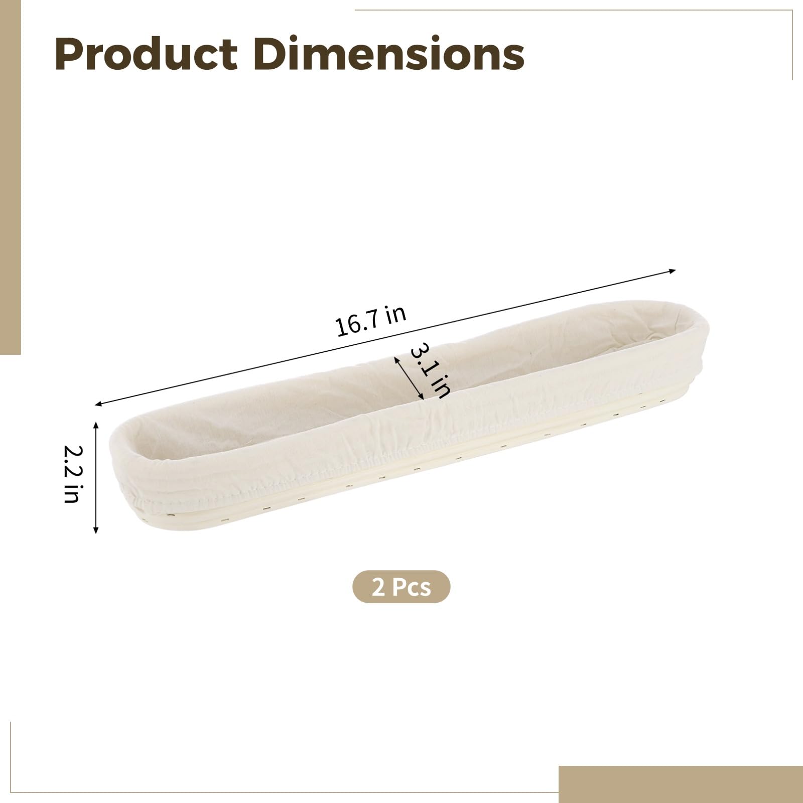 2 Stk. Baguette-Gärkörbe, 42,4 x 7,9 x 5,6 cm, aus natürlichem Rattan, handgeflochten, für Sauerteig und lange Brote, mit Stoffeinlagen, für Hobbybäcker und Bäckereibedarf
