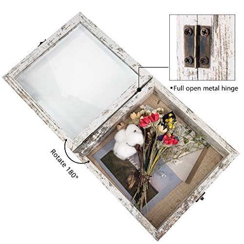 Image of GraduationMall 8x8 Wood Shadow Box Frame Glass Door Display Case with Linen Back and 6 Stick Pins,1.5 inches Interior Depth,Ideal for Memorabilia Pictures Flowers Medals Tickets Rustic White