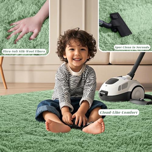 Green Fluffy Rugs for Living Room 5x7 ft - Ultra Soft Faux Fur Area Rug - Plush Non-Slip Shaggy Carpet for Bedroom, Kids Boys Girls Dorm Nursery Room