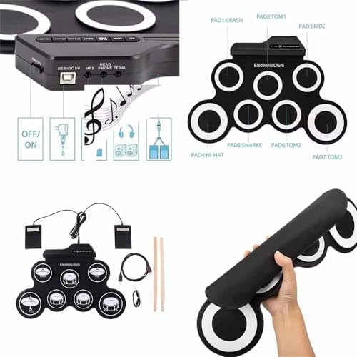 Bild 2 - NEWFUN Schlagzeug Elektronisch, Elektronisches Schlagzeug, E Drum, Elektronisches Schlagzeug, Roll-up Drum Practice Pad mit 7 Silikon Schlagzeug Pads mit Mallets und Fußpedal für Anfänger und Kinder