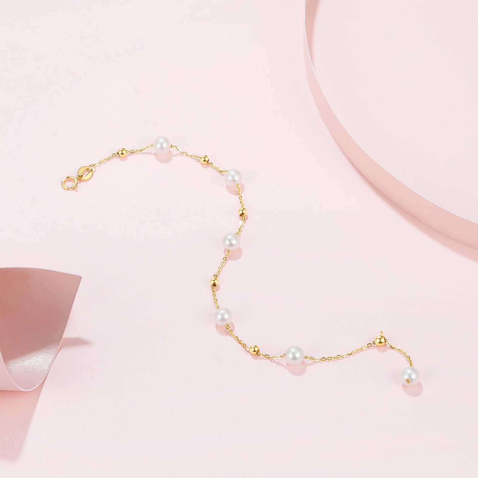 18K Gold Süßwasserperlen Chain Armband 750er Gelbgold Weiß Perlen Link Armbänder Schmuck für Damen Braut Ehefrau Mutter Liebhaber Geschenk Hochzeitstag Valentinstag Geburtstag Jahrestag 16/17/18/19cm