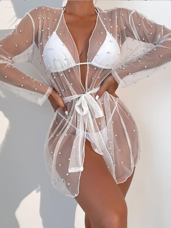 Pearl Bathing Suit Cover Up - Pearl Cover Up, Pearls Sheer Mesh Beach Cover Ups, Bridal Bathing Suit, Bride Swimsuit Pearl Mesh Sleeves, White Sarong Bride Swimwear, Swimsuit Coverup for Women - Image 2