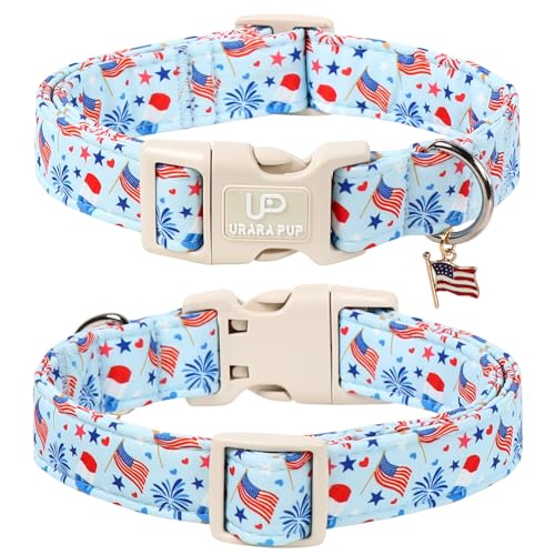 Image of Forth of July Dog Collar, 4th of July Comfortable Cotton Dog Collar, American Flag Collar for Puppy Girl Boy Dog or Cat, Patriotic Bowtie Collar with Metal Buckle, L