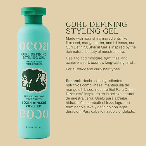 Image of OCOA Beauty Curl Defining Styling Gel with Flaxseed, Mango Butter & Hibiscus - Medium Hold for Curly & Wavy Hair - Frizz Control, Deep Hydration & Soft Defined Curls with Zero Flaking or Crunch - 8oz