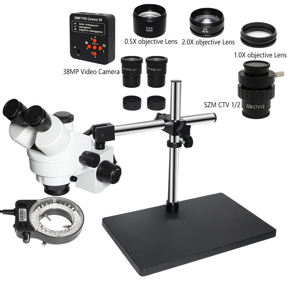Microscope 3.5X-90X Simul-Focal Trinocular Stereo Microscope with 360 Adjustable Dual Arm Support Universal Stereo Microscopio Stand Table(38MP CTV 0.5X lem)