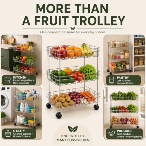 Image of TUNIS 3 Tier Stainless Steel Wire Storage Basket Trolley |Fruit & Vegetable Trolley with 360 Moving Wheels| Rack for Kitchen, Fruits, Vegetables & Grocery Storage, Movable Organizer Cart