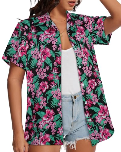 Image of Women Hawaiian Shirt Button Down Summer Tops Beach Short Sleeve Blouse