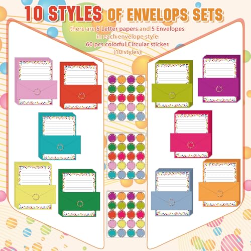 Image of TaoBary 160 Pcs Stationery Paper Set 50 Double Sided Stationery Papers with 50 Matching Envelopes and 60 Round Dot Sticker, 10 Design(Polka Dot,8.5 x 11 Inch)
