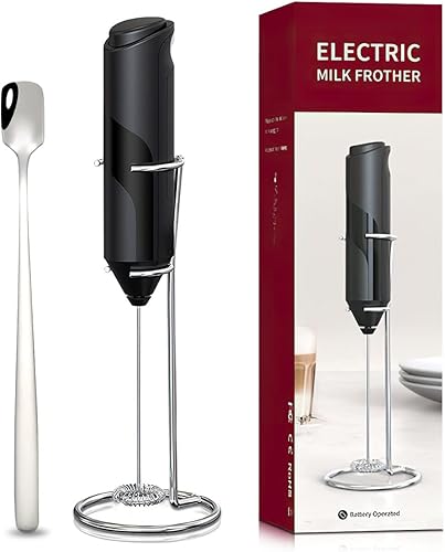 NIYILIN Espumador de leche de mano con soporte batidor de bebidas para café mini espumador para capuchino frappe matcha chocolate caliente negro