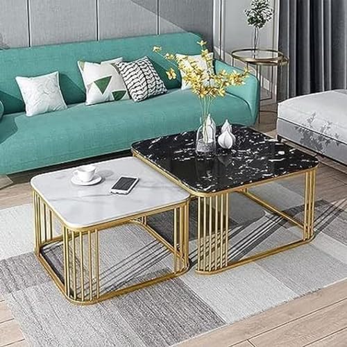 Image of Two-Piece Marble Look Coffee Table Set, top end Side Table, Metal Frame Cocktail Table, Nesting Tea Table, and Home Furniture Size for Living Rooms (White & Black)