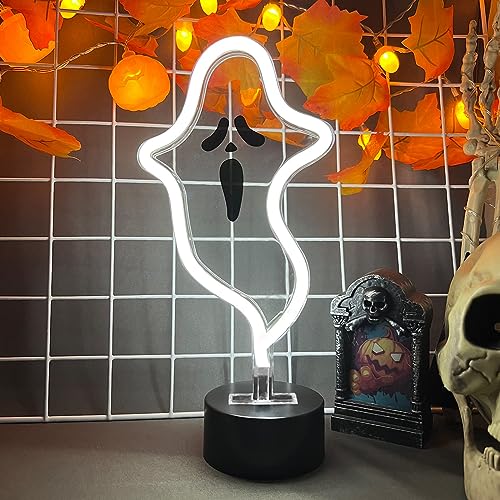 Halloween Ghost Neon Sign, Halloween Decoration LED Ghost Neon Light Sign with Base, Ghost Shape Lamp with Battery or USB Powered for Halloween Part Bar Room Décor