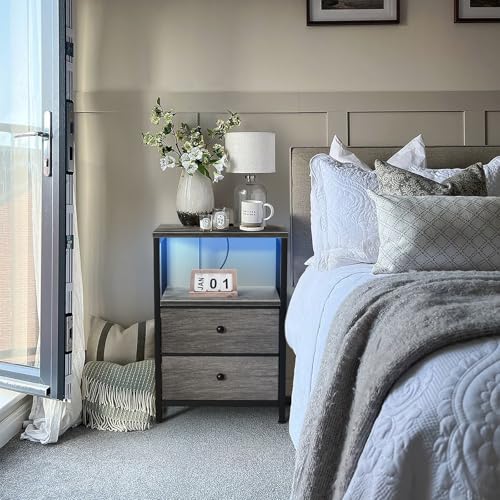 Image of BOLUO Gray Nightstand with Charging Station, LED Night Stand with 2 Fabric Drawers, Bedside Table with USB Ports and Outlets, Nightstand for Bedroom Modern