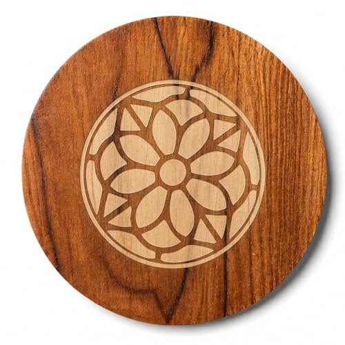 Image of Round Wooden Trivet Set of 4 (20cm) | Heat Resistant Hot Pot Stand | Bamboo Table Mats with Engraved Design | Anti-Slip Dining Table Protector | Wooden Coaster for Kitchen & Cookware (Classic Floral)