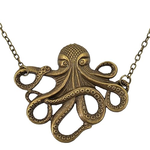 Mens Pirate Necklace | for Jack Sparrow Halloween Costume | Bronze Octopus Pendant - Caribbean Theme | Chain Necklace
