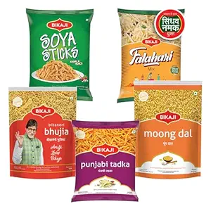 Bikaji Snacks Combo – SOYA STICKS & BHUJIA & FALHARI MIX & Moong Dal & PUNJABI TADKA | 5 Pack Variety | Bar Snacks, Party Mix & Tea-Time Treats – 1 Kg