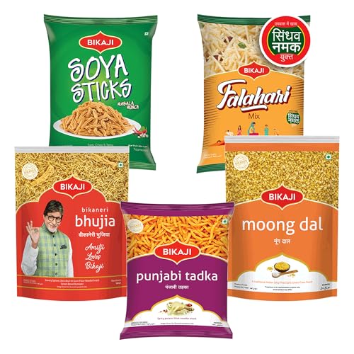 Bikaji Snacks Combo – SOYA STICKS & BHUJIA & FALHARI MIX & Moong Dal & PUNJABI TADKA | 5 Pack Variety | Bar Snacks, Party Mix & Tea-Time Treats – 1 Kg