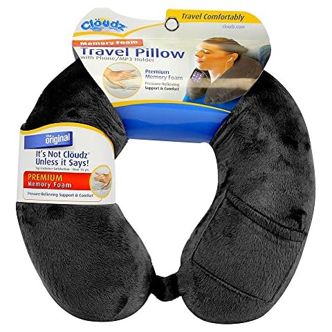 Cloudz Memory Foam Travel Neck Pillow with Snap & Pocket - Black Cover