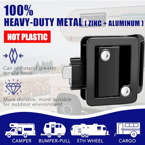 Image of RV Door Lock Replacement, 100% Metal Camper Door Handle Latch with Paddle Deadbolt, RV Enclosed Travel Trailer Entry Door Lock with Keys for Camper Horse Trailer Cargo Hauler - Black