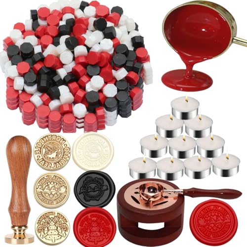 Christmas Wax Seal Stamps Kit Atopbb 300pcs Mixed Color Sealing Wax Seal Beads 3pcs Christmas Seal Stamps 1pcs Wooden Warmer 1pcs Melted Spoon and 10pcs Tea Candles (300 Mixed Color)