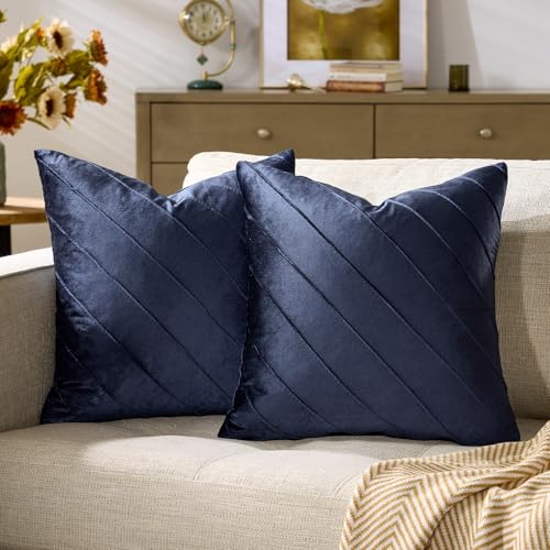 GIGIZAZA Navy Blue Velvet Stripe Throw Pillow Covers 16x16 Set of 2