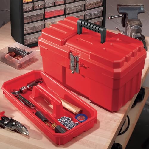 Image of Akro-Mils 14-Inch Plastic Toolbox with Removable Tray, Steel Latch & Padlock Eye, Industrial-Grade Tool Box for Tools, Crafts, First Aid & Hobby Supplies, 14 inch x 8 inch x 8 inch, Made in USA, Red (09514)
