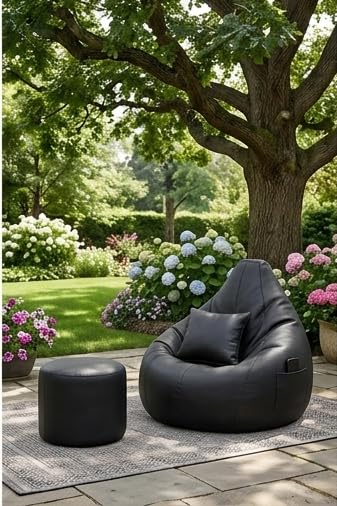Bean Bag Chair Cover with Footrest & Pillow | Gaming Seat with Side Pocket | Premium Leatherette, Washable Double Stitch | Brown (No Beans) (Black, XXXL)-image-49
