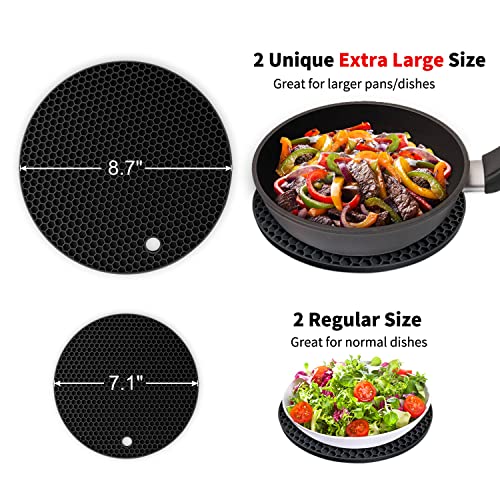 Image of Silicone Trivet Mats - Walfos Heat Resistant Pot Holders Set, 4pcs 2 Sizes 7 Inch & 9 Inch, Multipurpose Non-Slip Hot Pads for Hot Pot, Hot Dishers, Jar Opener, Food Grade & BPA Free (Black)