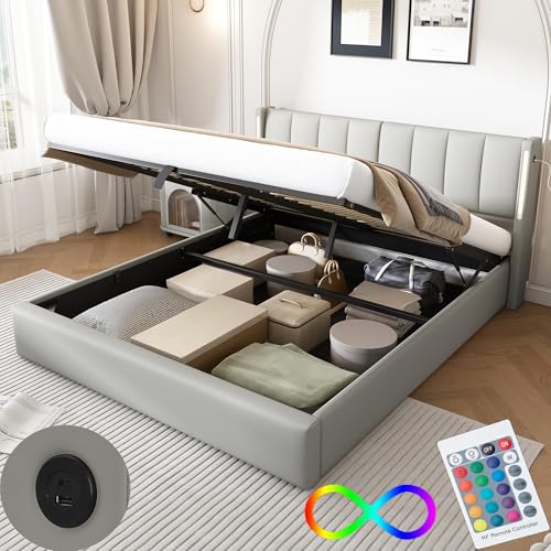 Letto Matrimoniale con Contenitore 140x200 cm con LED e USB, Letto con Testiera Regolabile e Vano Portaoggetti