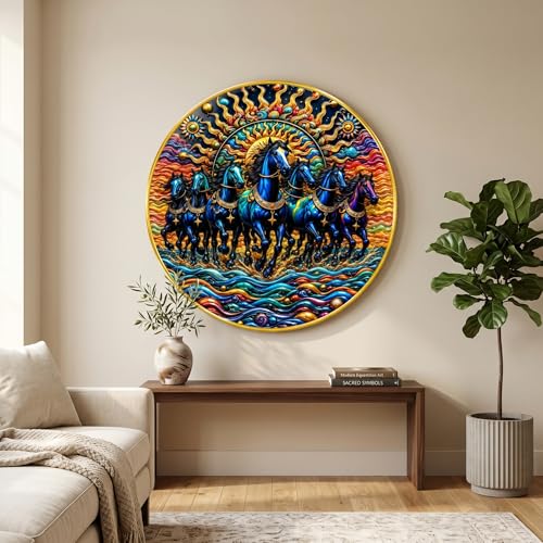 Image of SAF 7 Horse Vastu Round Wall Painting with Premium PVC Golden Frame, Colorful Blue Running Horses Sun Ocean Art for Living Room Office Home Decor Gift (23 x 23 Inch) GR-459