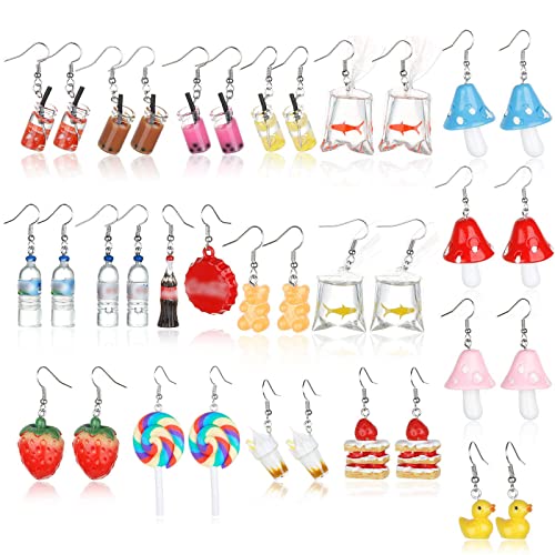 Hibijou 18 Pairs Cute Earrings Weird Earrings Set Mushroom Goldfish Water Bottle Gummy Bear Dangle Aesthetic Earrings Bulk