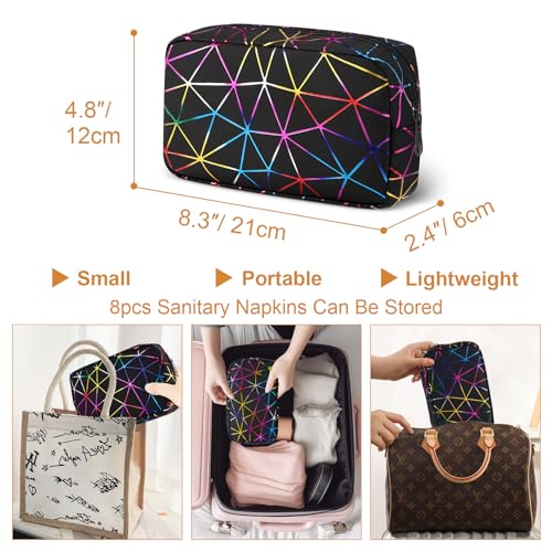 Image of Likesing Period Bag for Girls Womens, Leather Sanitary Napkin Storage Bag, Portable Menstrual Pad Bag Period Pads Pouch, Small Make Up Bags(Colorful Black)
