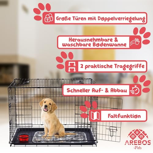 Arebos Hundekäfig 92,5 x 60 x 66 cm | Hundetransportbox Auto klappbar | Hundebox faltbar | Transportbox Hund mit 2 Türen | Hundekäfig für Zuhause | L Schwarz