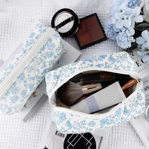 2Pcs Floral Makeup Bag for Women Cotton Quilted Small Coquette Cosmetic Bag Cute Zipper Blue Flower Makeup Pouch Aesthetic Portable Pencil Case Travel Toiletry Bag Trendy Cloth Skincare Bag4