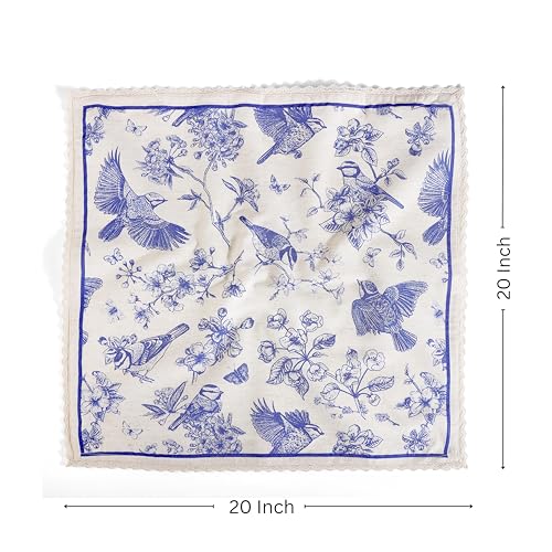 Image of FINGERCRAFT Cotton Linen Blend Table Napkins Set of 6, 20x20 Inch Blue Bird Print Cloth Napkins with Classic Lace Border, Reusable Washable Dinner Napkins for Kitchen Party Restaurants (Toile Blue)