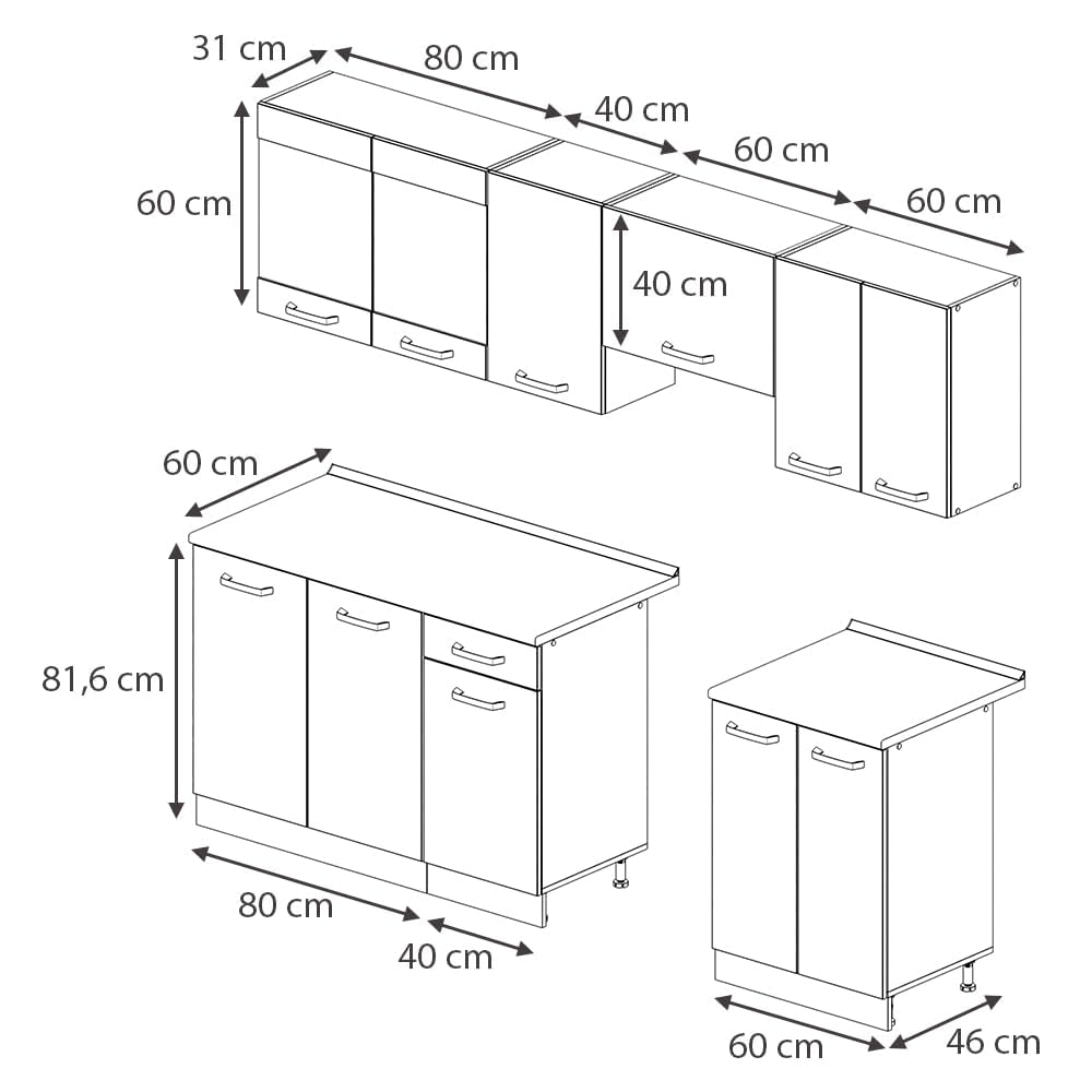 Vicco Mobile da cucina Raul, Sonoma/Bianco, 240 cm, PL Marmo, combinabile in modo flessibile con elementi modulari