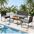 Gizoon 4 Piece Patio Furniture Set, Wicker Furniture with Glass Coffee Table, Outdoor Rattan Conversation Set, for Backyard, Poolside, Porch, Lawn, Cushion-Grey