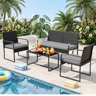 Gizoon 4 Piece Patio Furniture Set, Wicker Furniture with Glass Coffee Table, Outdoor Rattan Conversation Set, for Backyard, Poolside, Porch, Lawn, Cushion-Grey