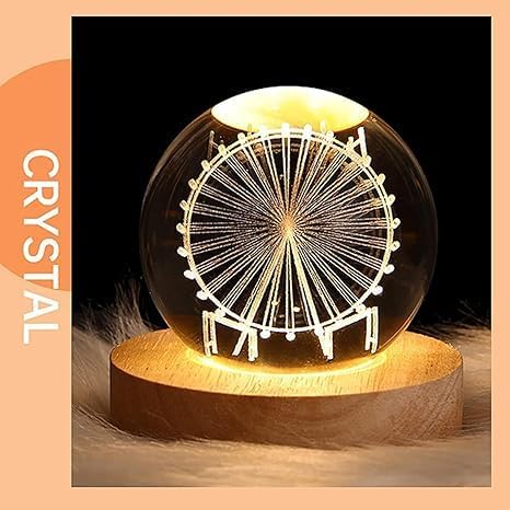 Image of 3D Galaxy Crystal Ball Night Lamp, Solar System Glass Art Ornament Wood Holder Display Stand Night Lamps Desktop Home Decoration Birthday Gift for Kids (Ferris Wheel)