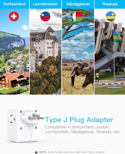 Image of 2 Pack Switzerland Travel Plug Adapter, Type J Power Adaptor with 3 Outlets 4 USB Charging Ports(2 USB C), Swiss Outlet Adapter Travel Plug for US to Switzerland, Liechtenstein, Rwanda