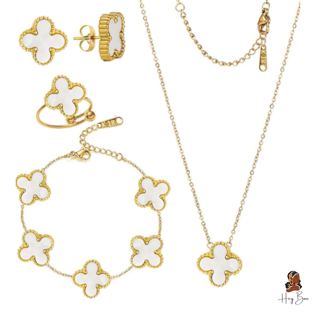 Hey Bae Clover Neck Chain for Women & Girls | Van Clef Necklace | Pendant with Earring and Bracelet, Ring | Locket | Birthday Gift | Aesthetic Accessories for Everyday Wear (White) (B0DCZTPJHH) Amazon Price History, Amazon Price Tracker