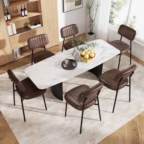 Image of Dining Chairs Set of 6, Modern Faux Leather Dining Chair with Thick Cushions Seat Back and Metal Legs, Comfy Upholstered Kitchen Chairs for Dining Living Room (Coffee)